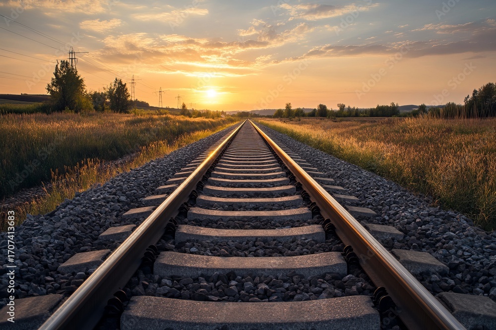 Fototapeta premium Sunset over railway tracks. Golden light, rural landscape