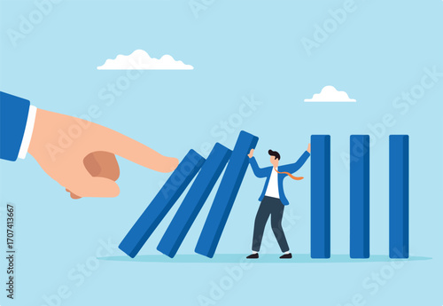 Flat illustration of businessman stopping falling dominoes pushed by giant hand symbolizing crisis leadership resilience and risk prevention