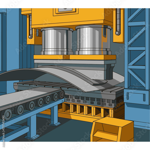 Heavy industrial press machine shaping metal on automated production line in factory setting