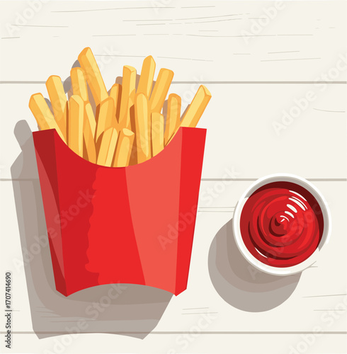 Crispy French Fries Flat Lay with Ketchup Vector