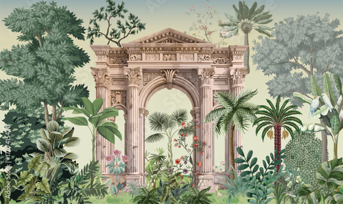 Traditional Mughal style illustration,Traditional Mughal decorative garden with arch, ornate parasol, peacocks, trees, lotus flowers, and palace illustration 