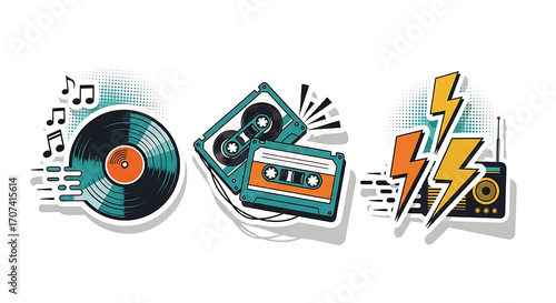 Retro Vinyl Record with Musical Notes and Speed Lines.
