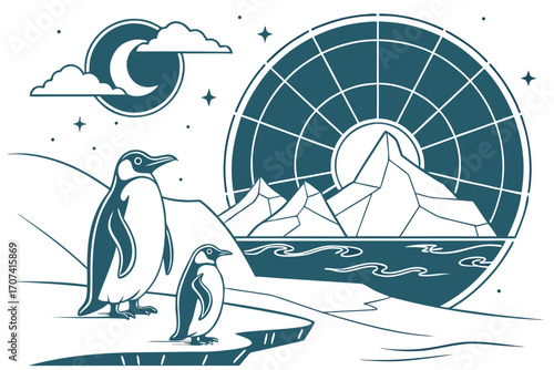 Antarctica Day Vector Illustration with Map, Penguins, Seals, Icebergs, and Aurora in Modern Minimalist Style
