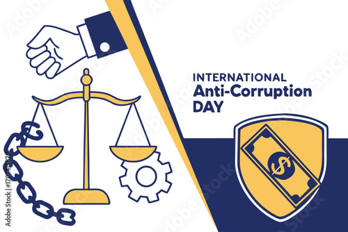 International Anti-Corruption Day. Hand breaking chains of money with scales of justice and shield. Flat vector illustration.