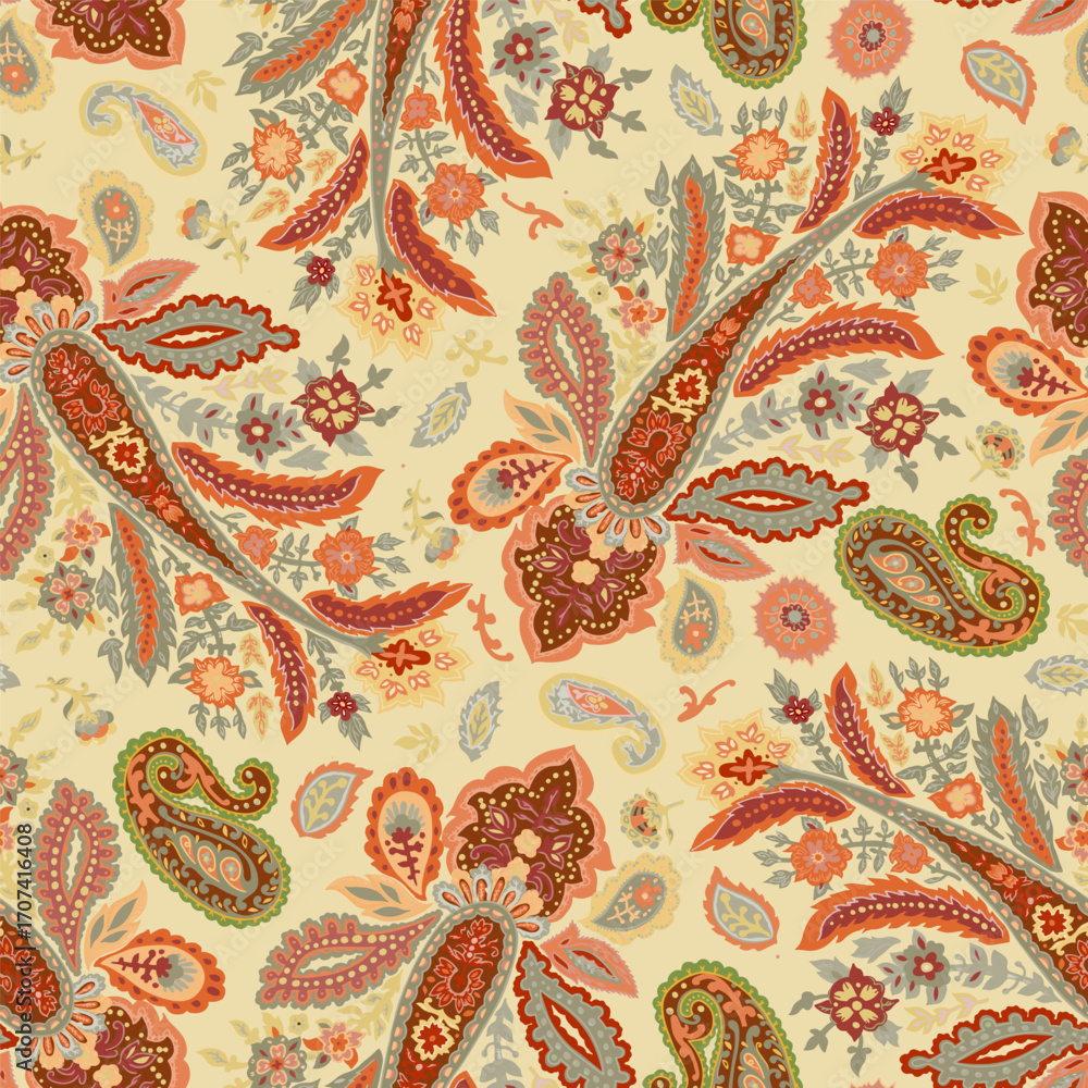Naklejka premium Beige Background Paisley Seamless Pattern