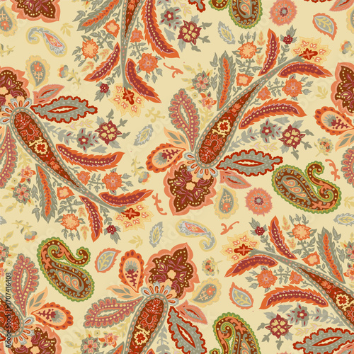 Beige Background Paisley Seamless Pattern