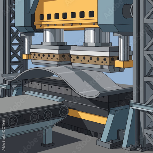 Heavy industrial press machine shaping metal sheet on automated production line for manufacturing