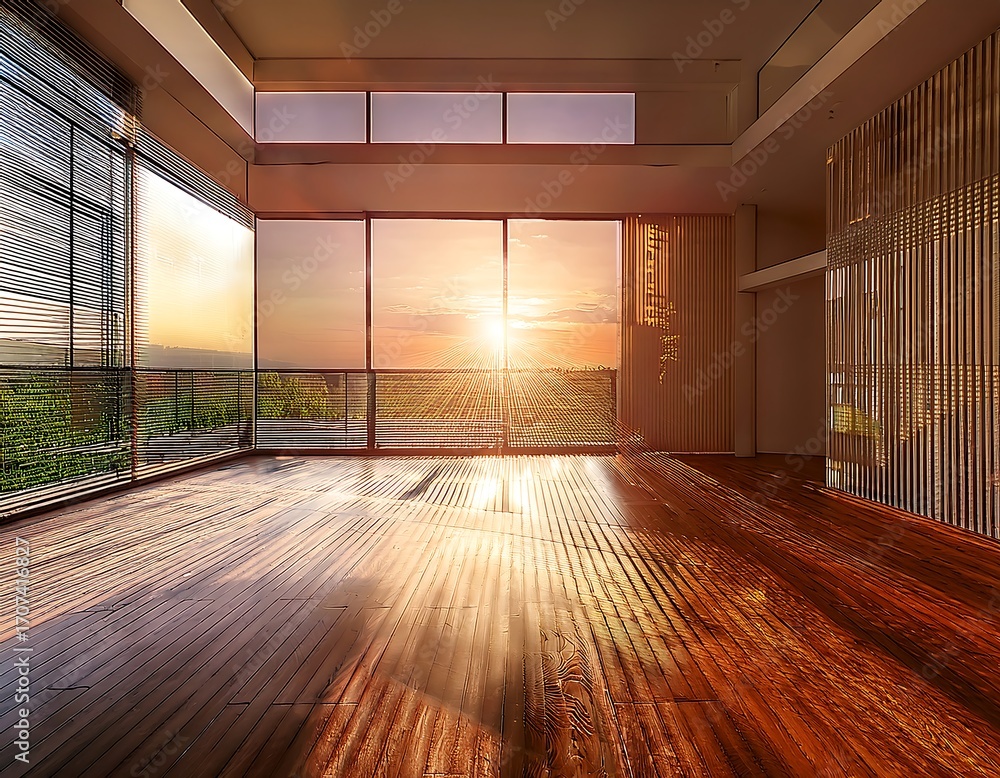 Obraz premium Empty room, sunset view, modern design