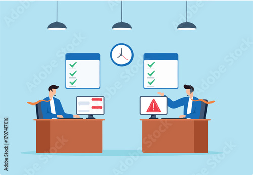 Flat illustration of support staff solving technical issues with headset and computer in office with checklist alert sign and chat on screen