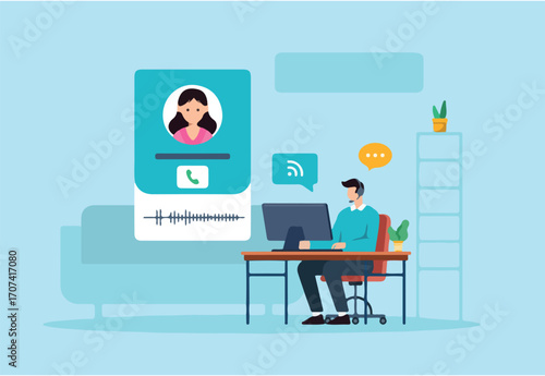 Flat illustration of remote call center operator answering customer with headset and computer during online voice communication