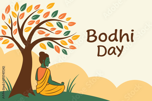 Bodhi Day celebration. Meditating Buddha under a stylized Bodhi tree with glowing leaves. Flat vector illustration.

