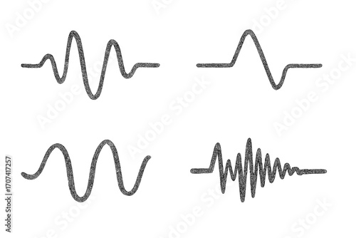 Set of sound waves with charcoal pencil sketch texture. Hand-drawn audio frequency signals, vibration and oscillation waveform doodle. Abstract music rhythm pulse vector icons.