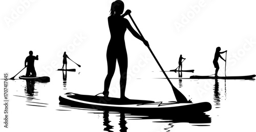Paddleboarding silhouettes, Woman paddleboard silhouette, Paddleboard silhouette, Standup paddleboarding, Paddleboard svg, Paddleboard vector, Paddle surfers V01