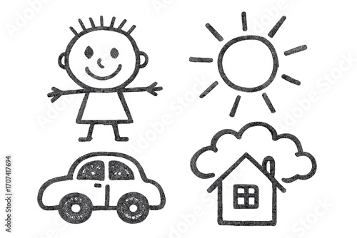 Kids drawing set with charcoal texture. Child doodle of person, home, car, and sun. Happy childhood illustration. Naive pencil sketch for kindergarten or preschool design.