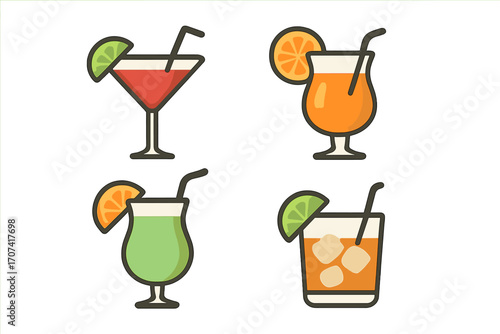 Vector cocktail icon set in flat design. Cartoon illustration of alcohol drinks for summer party. Tropical beverage collection, fresh juice with orange, lime garnish.