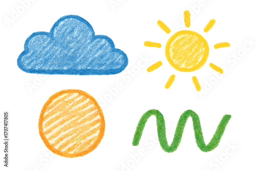 Hand-drawn crayon doodle set. Colorful kid's drawing collection with sun, cloud, abstract shapes. Charcoal sketch texture illustration. Vector weather elements isolated.