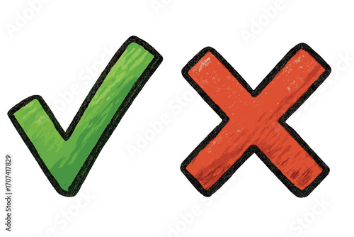 Hand-drawn checkmark and cross icon set. Charcoal doodle style. Green tick for yes, right, approved, pass. Red X for no, wrong, rejected, fail. Choice, vote, survey symbol.