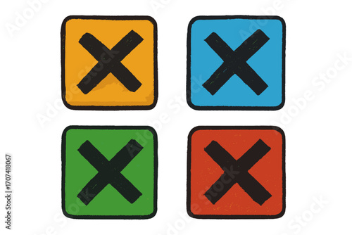 Hand-drawn cross mark icons set. Vector illustration of colorful X symbols with charcoal texture. Wrong, no, reject, and error signs for checklist, vote, or test button.