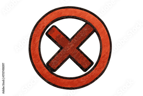 Reject symbol red cross mark. Hand drawn charcoal texture illustration. Wrong answer, error, or forbidden sign concept. No entry, cancellation, or warning alert icon vector.