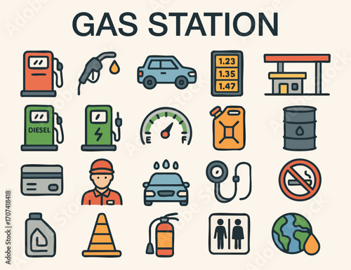 Gas Station and Fuel Service Icons for Transportation, Energy, and Vehicle Maintenance Needs