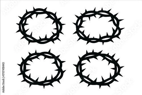 Crown of thorns silhouette icon set. Vector illustration of Jesus Christ's passion. Christian symbol of crucifixion, suffering, and sacrifice for Easter. Religious faith concept.
