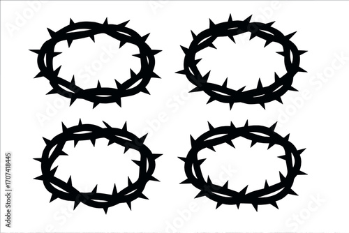 Crown of thorns silhouette vector icon set. Thorny wreath, a religious symbol of Christianity, the passion of Jesus Christ, his crucifixion, suffering, sacrifice, and resurrection.