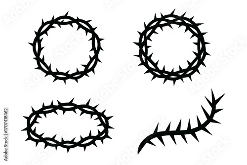 Crown of thorns vector icon set. Black silhouette symbol of the Christian religion. Jesus Christ's passion, crucifixion, and suffering. Easter religious graphic element collection.