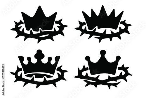 Crown of thorns vector icon set. Christian symbol of Jesus Christ's kingship, suffering, and sacrifice. Religious silhouette illustration for Easter, Lent, and the Passion.