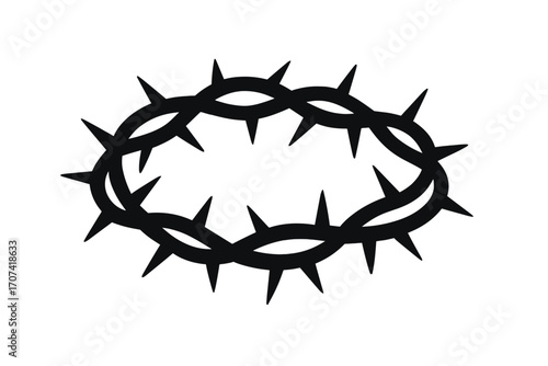 Crown of thorns silhouette. Jesus Christ's crucifixion symbol. Christian religious icon of suffering, sacrifice, and passion for Easter. Vector graphic isolated on white.