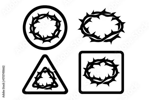 Crown of thorns vector icon set. Christian religious symbol of the passion of Jesus Christ. Silhouette illustration for Easter. Holy week crucifix, suffering and salvation concept.