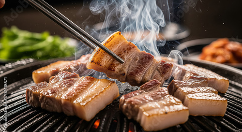 Korean Samgyeopsal Pork Belly Grilling with Chopsticks Close Up