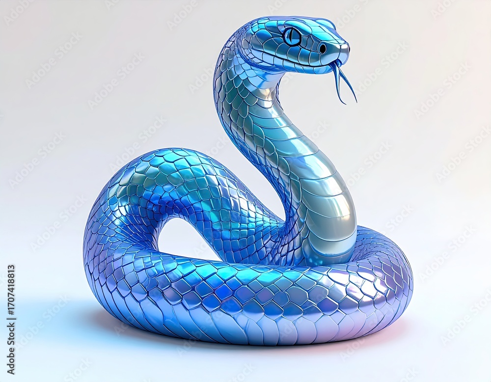 Fototapeta premium A stylized, iridescent blue snake coiled