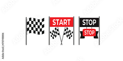 Print  Racing Flag Set - Checkered, Start, and Stop Banner Vector Illustrations
