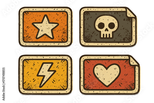 Set of grunge game icons. Vector cartoon illustration of vintage rectangle stickers. Retro badges with star, skull, heart, and lightning symbols for UI design elements.
