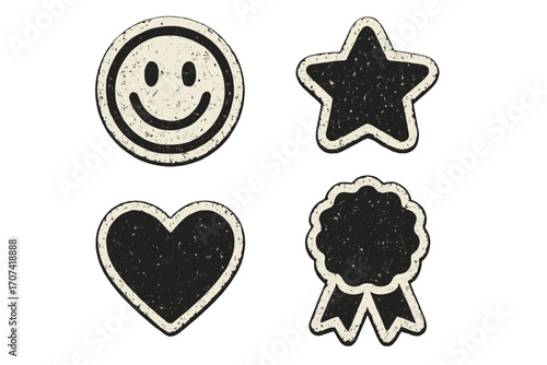 Set of grunge vector icons. Retro textured sticker collection with smiley face, heart, star, and award ribbon badge. Vintage distressed rubber stamp shapes for design.