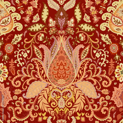 Red Ornamental Symmetrical Paisley Pattern