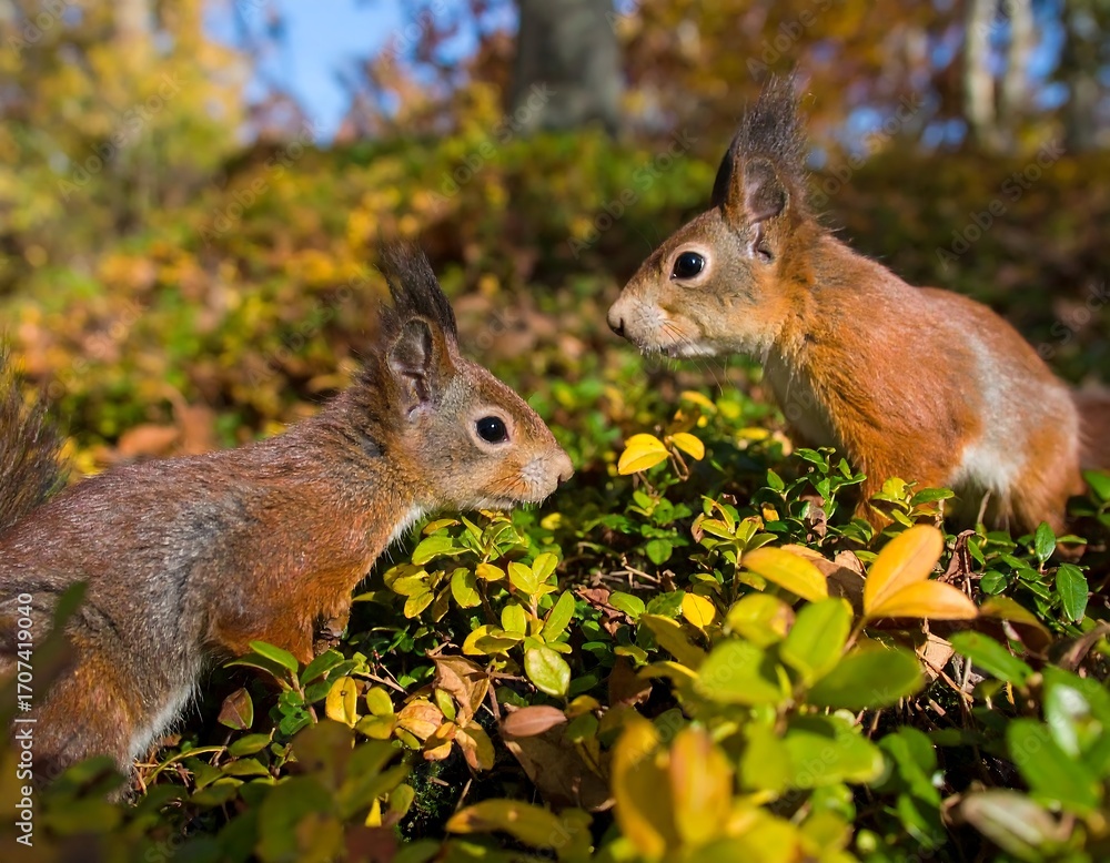 Obraz premium Two red squirrels in autumn foliage