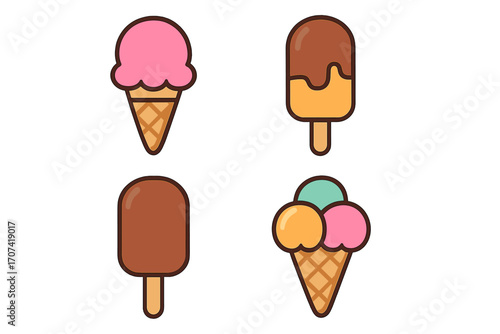 Ice cream icon set. Flat style cartoon vector illustration. Colorful collection of summer desserts like popsicles, cones, scoops, and gelato. Sweet food graphic elements.