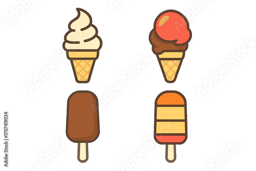 Ice cream icon set flat design. Vector cartoon illustration collection. Frozen dessert, sweet food concept. Soft serve, cone, chocolate popsicle bar, fruit sorbet ice lolly.