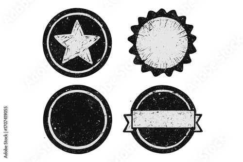 Set of grunge rubber stamps. Collection of black retro badges and labels. Vector illustration with distressed texture. Vintage seal, sticker, and icon templates with star and ribbon.