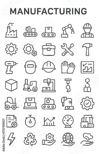 Manufacturing Icons for Industry, Factory Equipment, and Production Processes
