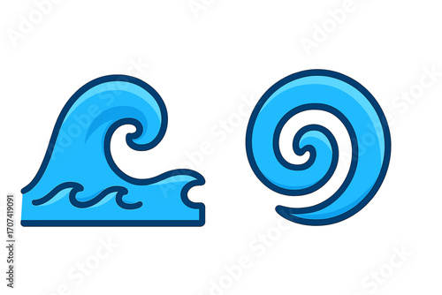 Set of blue wave icons. Ocean water surf symbol collection. Vector logo template in flat cartoon style. Swirl, tidal wave, sea storm and tsunami graphic elements for design.