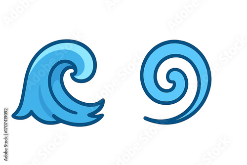 Ocean wave icon set. Flat style vector cartoon illustration. Sea surf and water swirl symbol collection. Aqua, marine, tidal and storm concept for logo design.