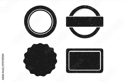 Set of grunge rubber stamps. Collection of blank distressed badges and seals. Retro vintage insignia label shapes. Vector frame for logo or text. Circle, rectangle.