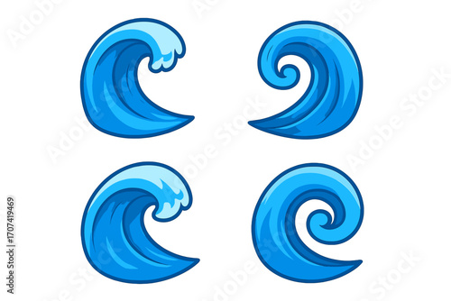 Wave icon set cartoon style. Vector illustration of blue ocean waves and water swirls. Sea storm and surf symbols for graphic design. Aquatic flow and tidal motion elements.