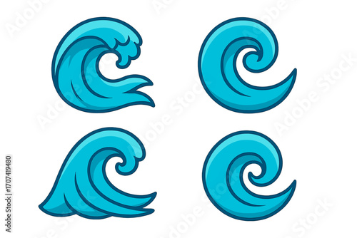 Blue wave icon set. Vector cartoon illustration of ocean water swirl, sea surf splash, and tsunami crest. Flat style liquid flow and curl symbols for graphic design.