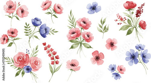 A beautiful set of delicate pink and blue floral elements, a charming vector watercolor flower illustration for romantic design projects.