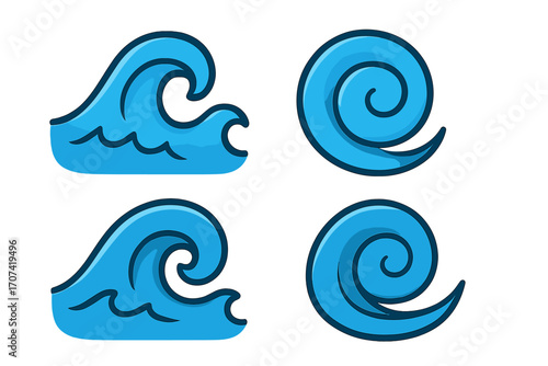 Wave icon set vector. Blue ocean sea water swirl and spiral symbols. Cartoon flat graphic design elements for logo. Abstract nature aqua flow current illustration.