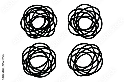 Metaphor for chaos and order. Tangled scribble circles representing a problem and solution. Confusing messy line knot. Concept for brainstorming, confusion, and process.