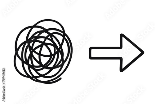 Chaos to order metaphor. From complicated to simple. Untangling tangled line. Problem solving, finding solution. Business strategy, process, development, mind clarity concept.